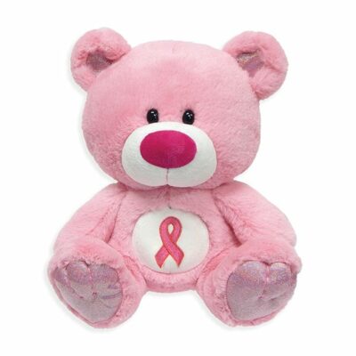 pink teddy bear with pink cancer awareness ribbon on stomach