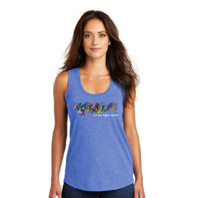 periwinkle women's tank top with every cancer awareness ribbon and no one fights alone text