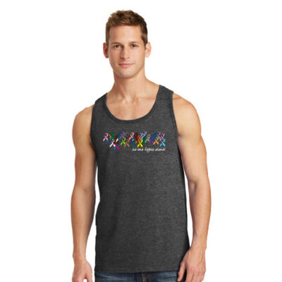 men's dark heather tank top with all cancer awareness ribbons and no one fights alone text