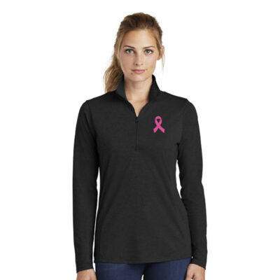 black 3 quarter zip-up with pink cancer awareness ribbon