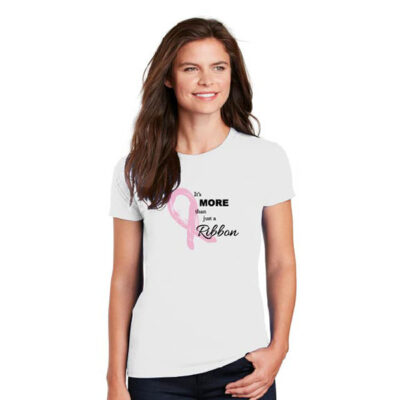 white t-shirt with it's more than just a ribbon and pink cancer awareness ribbon