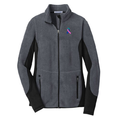 grey zip-up fleece with teal/blue/pink cancer awareness ribbon