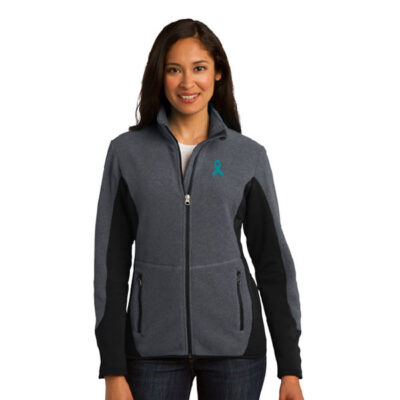 grey zip-up fleece with teal cancer awareness ribbon