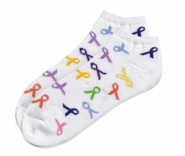 White ankle socks, with multiple colored ribbons for showing support and spreading awareness of cancer.