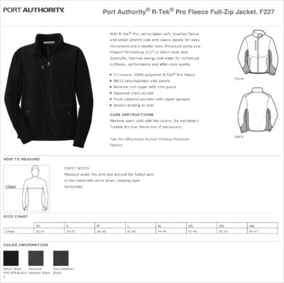 black zip-up fleece jacket spec sheet