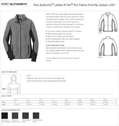 grey zip up fleece jacket spec sheet