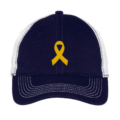 black baseball cap, the back being white, on the front is a yellow ribbon