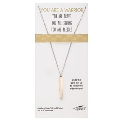 gold hidden message necklace, the word strength revealing itself if you slide it up