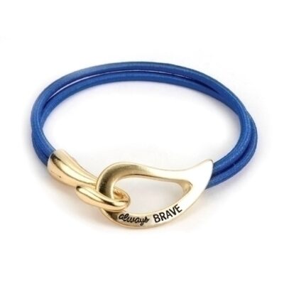 dark blue bracelet- hairband texture, with gold clasp connected with the engraving of "Always brave" always being in cursive