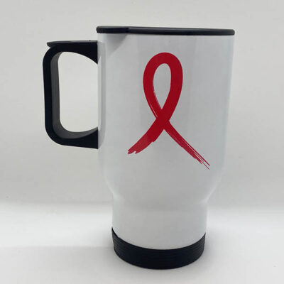 white travel coffee mug with black handle and bottom, a red painted ribbon in the middle