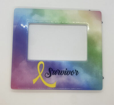 rainbow picture frame with survivor text and yellow cancer awareness ribbon