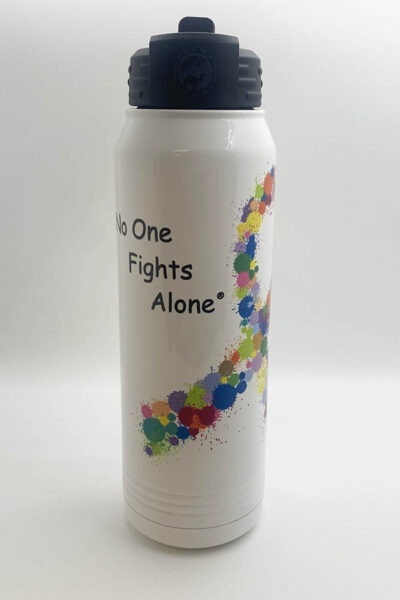 white water bottle with black top, text reading "No one fights alone" next to a multicolored paint ball designed cancer ribbon