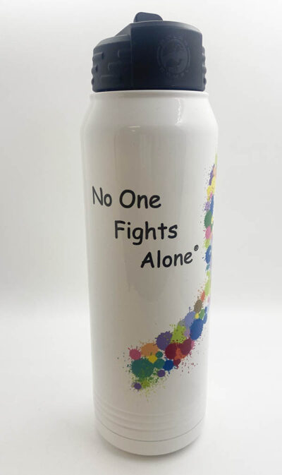 white water bottle with black top, text reading "No one fights alone" next to a multicolored paint ball designed cancer ribbon