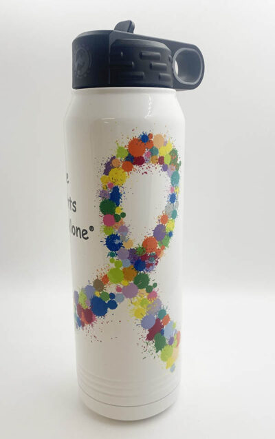 white water bottle with black top, text reading "No one fights alone" next to a multicolored paint ball designed cancer ribbon