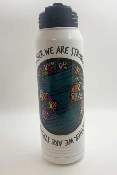 white water bottle with black top, text reading "Together we are strong" On the bottom and top of an image with all the cancer ribbons