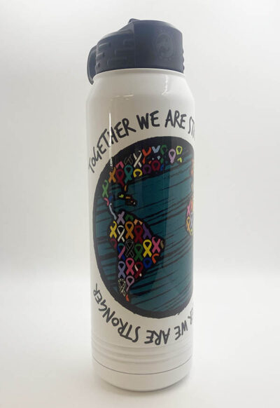 white water bottle with black top, text reading "Together we are strong" On the bottom and top of an image with all the cancer ribbons