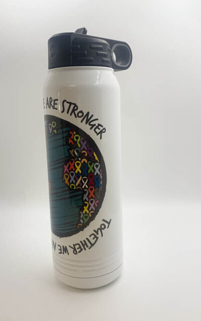 white water bottle with black top, text reading "Together we are strong" On the bottom and top of an image with all the cancer ribbons