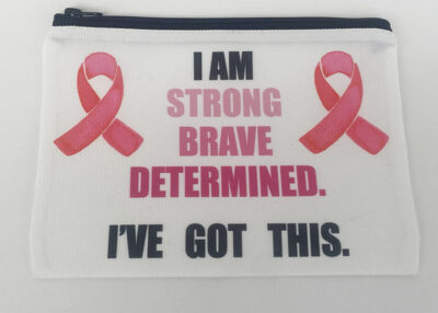 white pencil case with black zipper, text reading "I am strong, brave and determined" in pink, black text reading "I've got this"