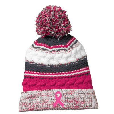 wool hat with black, pink and white pom pom, striped with the same colored, with a pink cancer ribbon on the front