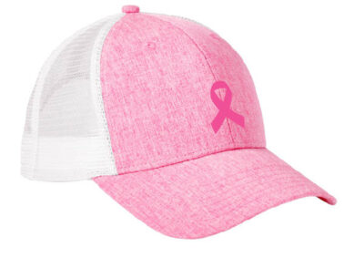 pink mesh baseball hat with pink cancer ribbon on front