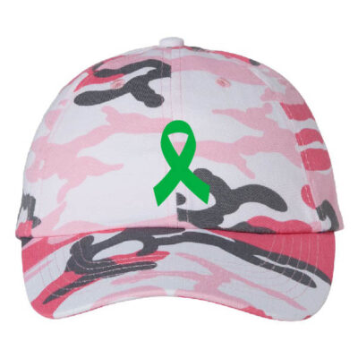 white baseball cap with pink camouflage and a green cancer ribbon on the front