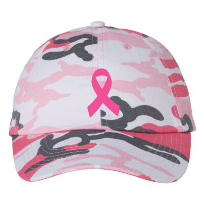 white baseball cap with pink camouflage and a pink cancer ribbon on the front