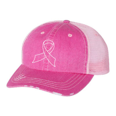 pink mesh baseball cap with white outlined cancer ribbon