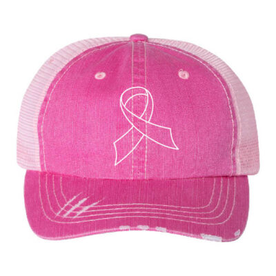 pink mesh baseball cap with white outlined cancer ribbon