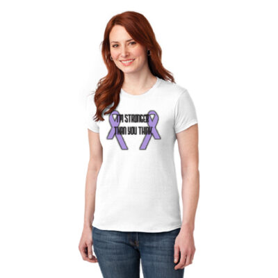 woman's white t-shirt with test reading "I'm stronger than you think" with two lilac cancer ribbons on either side