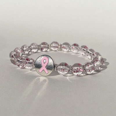 pink beaded bracelet with pink cancer awareness ribbon