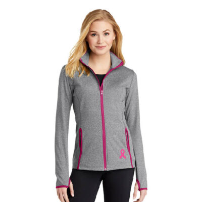 grey women's zip-up with pink trim and pink cancer awareness ribbon on lower right