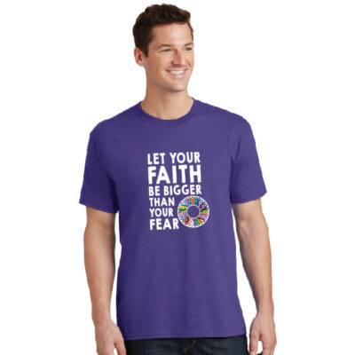 purple unisex t-shirt, Let your faith be bigger than your fear text with wheel with every color of cancer awareness ribbon graphic