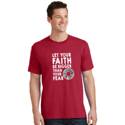 red unisex t-shirt, Let your faith be bigger than your fear text with wheel with every color of cancer awareness ribbon graphic