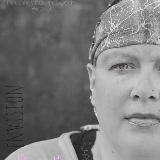 black and white photo of Michelle P, a survivor