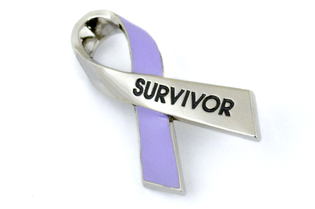 lavender cancer awareness ribbon pin with survivor text