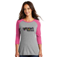 women's long sleeved t-shirt, grey with pink arms and neck, with multiple cancer ribbons on front