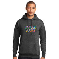 dark grey unisex pullover sweatshirt with multicolored cancer sucks text