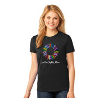 black short sleeve woman's t-shirt with white cancer sucks text, with a circle of multicolored cancer ribbons