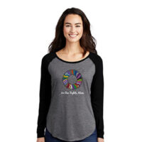 black and grey women's raglan with no one fights alone text with multicolored graphic