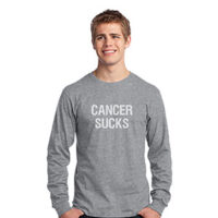 light grey long sleeve men's t-shirt with white cancer sucks text