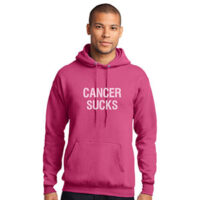 men's pullover in pink with cancer sucks text in white