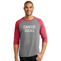 men's baseball t-shirt in pink and grey with white cancer sucks text