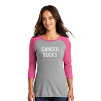 ladies raglan in pink and grey with white cancer sucks text