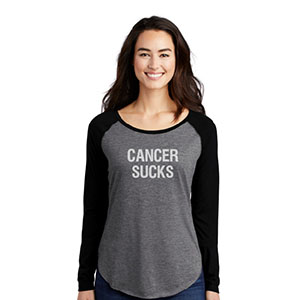 long sleeve woman's raglan shirt in black with white cancer sucks text