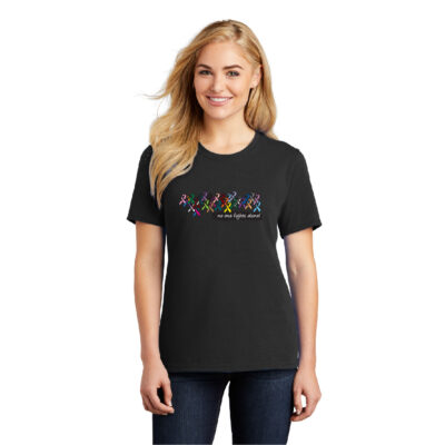 woman's black t-shirt, no one fights alone with all colors of cancer awareness ribbons