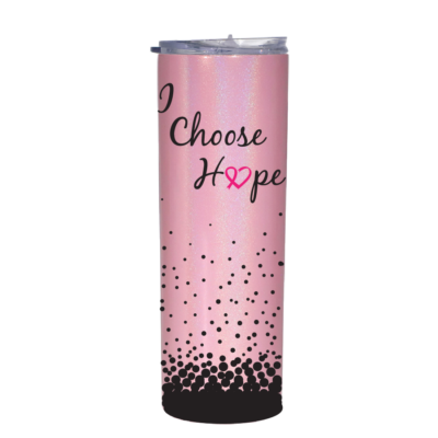 pink tumbler with I Choose Hope text with pink cancer awareness ribbon