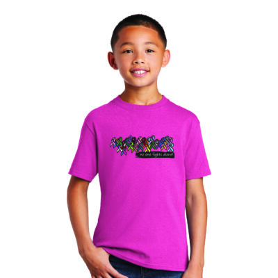 pink youth t-shirt with no one fights alone and all cancer awareness ribbons