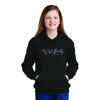 girls pullover sweatshirt with no one fights alone text and all of the multi-colored cancer awareness ribbons