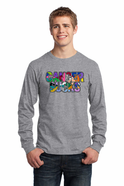 Cancer Sucks long sleeve light grey t-shirt with words printed in a collage of cancer ribbons in different colors