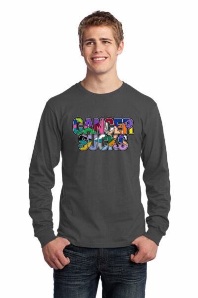 Cancer Sucks long sleeve grey t-shirt with words printed in a collage of cancer ribbons in different colors